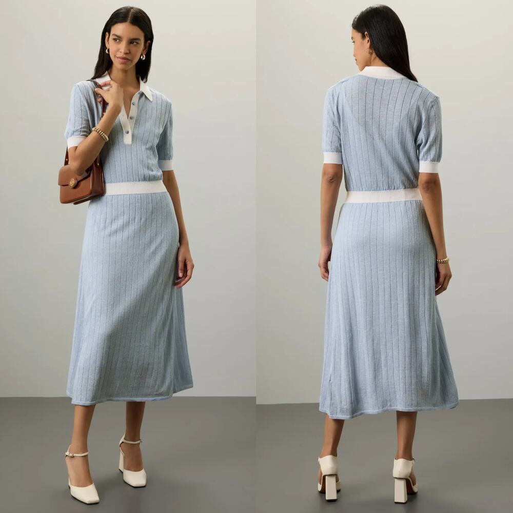 Boss Faronka Polo Dress Ribbed Knit Short Sleeve Midi Linen Blend Blue White L